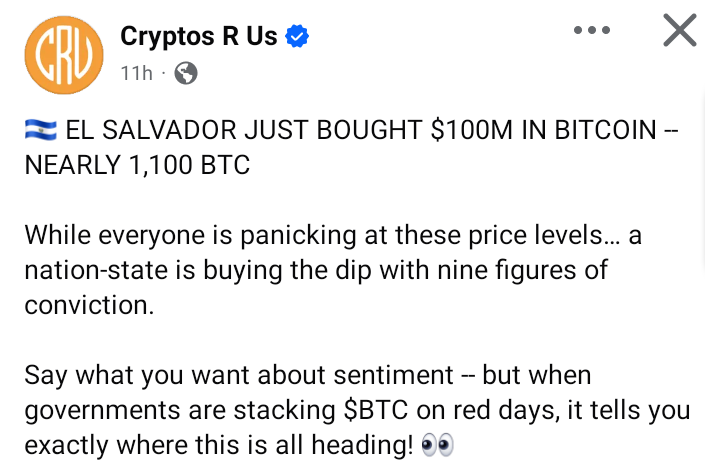 While everyone is panicking at these price levels, a nations state is buying the dip